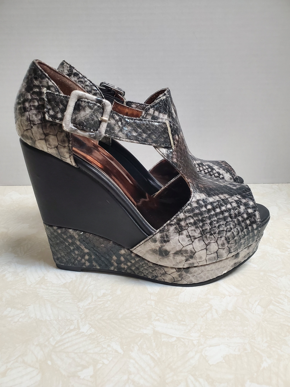 G by Guess Gray Snake-Print Wedge Sandals